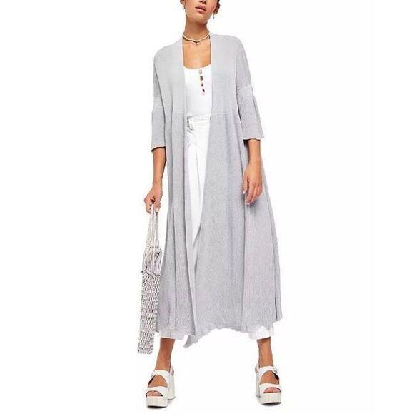 Free People Making Waves Cardigan Sweater size XS Gray Midi Linen Cotton - Picture 1 of 12